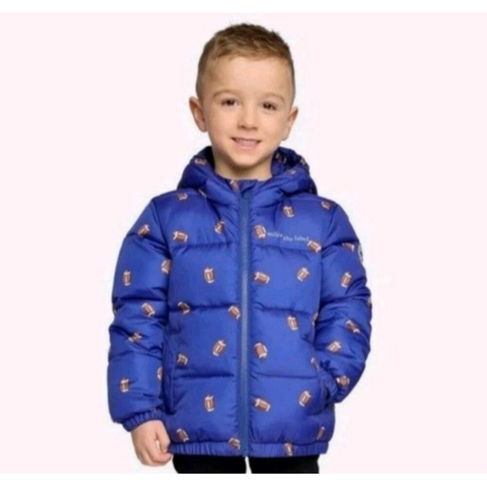 New Miles The Label Hooded Puffer‎ Jacket Boys 2T Blue With Footballs